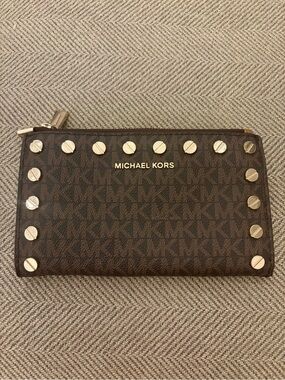 Michael Kors Brown MK Monogram Studded Zip Wallet with Gold Hardware